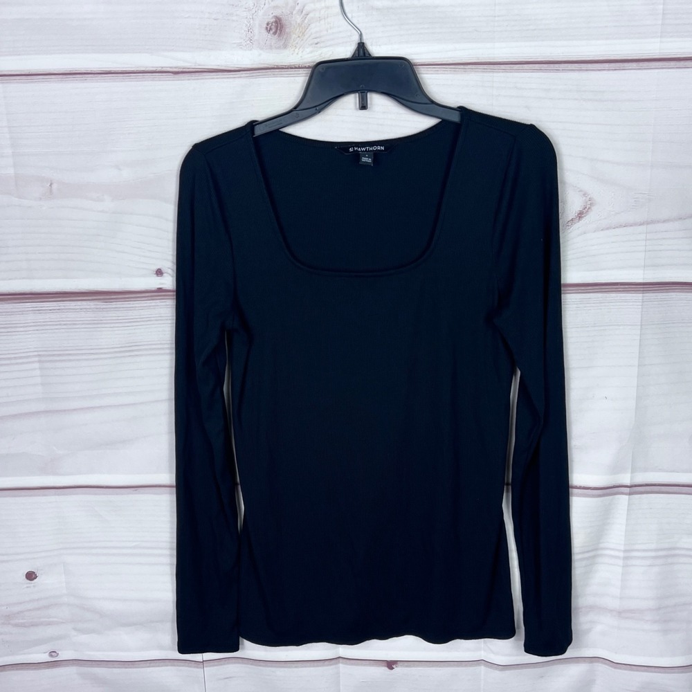 41 Hawthorn Top Womens M Black Ribbed Knit T-Shirt Long Sleeve Square Neck Solid